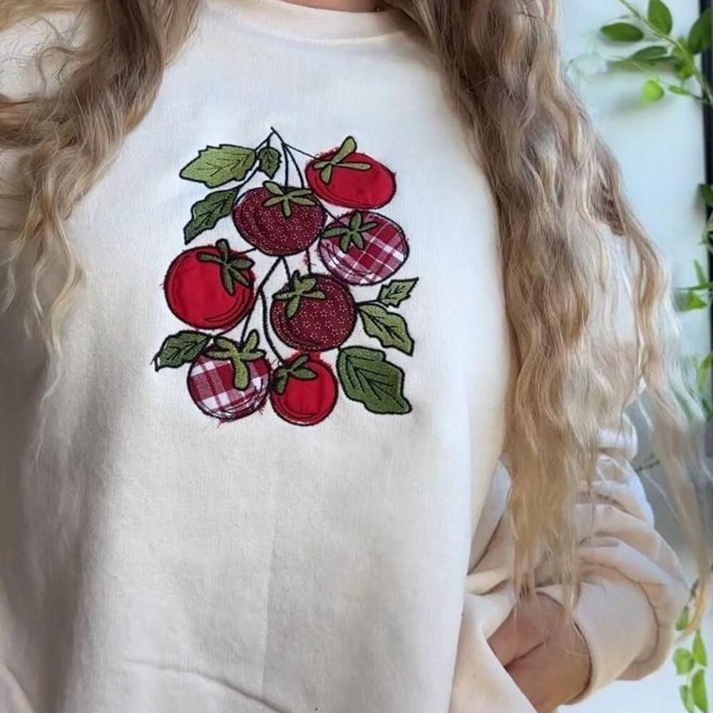 NWT tomato plant patchwork embroidered cream beige crewneck sweatshirt